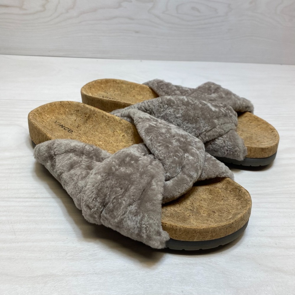 Vince Comfort Slide Sandals Womens Sz 10‎ Gray Criss-cross Faux Shearling Straps